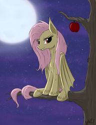 Size: 1000x1300 | Tagged: safe, artist:wolfypon, fluttershy, bat pony, pony, bats!, g4, apple, female, flutterbat, moon, race swap, solo, tree