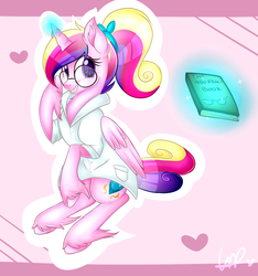 Size: 3000x3200 | Tagged: safe, artist:shyshyoctavia, princess cadance, alicorn, pony, g4, adorkable, book, clothes, coat, cute, cutedance, dork, female, glasses, grin, heart, looking at you, magic, meganekko, sitting, smiling, solo, unshorn fetlocks