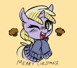 Size: 500x440 | Tagged: safe, artist:gogglesparks, artist:haute-claire, dinky hooves, g4, clothes, female, muffin, solo, sweater, wink