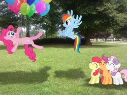 Size: 2592x1944 | Tagged: safe, artist:redpandapony, artist:stabzor, artist:tokkazutara1164, artist:yanoda, apple bloom, pinkie pie, rainbow dash, scootaloo, sweetie belle, g4, balloon, cutie mark crusaders, irl, park, photo, ponies in real life, shadow, tree, vector