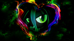 Size: 1920x1080 | Tagged: safe, artist:bronyb34r, artist:mr-kennedy92, queen chrysalis, changeling, changeling queen, g4, bedroom eyes, fangs, female, heart, solo, vector, wallpaper