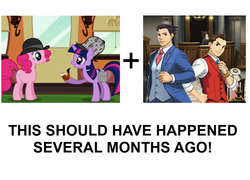 Size: 973x700 | Tagged: safe, pinkie pie, twilight sparkle, g4, mmmystery on the friendship express, my little pony: friendship is magic, ace attorney, apollo justice, duo, exploitable meme, make it happen, meme, phoenix wright, text