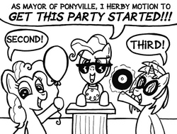 Size: 670x506 | Tagged: safe, artist:samueleallen, dj pon-3, mayor mare, pinkie pie, vinyl scratch, g4, monochrome, party