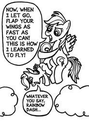 Size: 527x716 | Tagged: safe, artist:samueleallen, rainbow dash, scootaloo, g4, flying lesson, impending scootabuse, monochrome, scootaloo can't fly, this will end in tears, this will end in tears and/or death