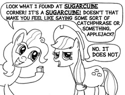 Size: 689x523 | Tagged: safe, artist:samueleallen, applejack, pinkie pie, g4, monochrome, sugarcube