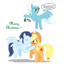 Size: 1024x1043 | Tagged: safe, artist:meganekkoplymouth241, applejack, fleetfoot, soarin', earth pony, pegasus, pony, g4, blushing, female, kissing, male, mare, mistleholly, mistletoe, ship:soarinjack, shipping, simple background, stallion, straight, transparent background