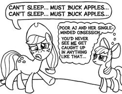 Size: 680x527 | Tagged: safe, artist:samueleallen, apple bloom, applejack, applebuck season, g4, hypocrisy, hypocritical humor, ironic, irony, monochrome