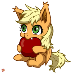 Size: 1000x1000 | Tagged: safe, artist:norang94, applejack, bat pony, pony, comic:tiny applebat, g4, apple, applebat, bat ponified, cute, female, filly, jackabetes, race swap, simple background, sitting, solo, transparent background, weapons-grade cute