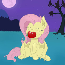 Size: 2500x2500 | Tagged: safe, artist:fluttershyfree, fluttershy, bat pony, pony, bats!, g4, apple, eyes closed, female, flutterbat, mare in the moon, moon, mouth hold, night, race swap, solo, tree