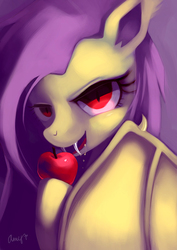 Size: 700x990 | Tagged: safe, artist:amy30535, fluttershy, bat pony, pony, bats!, g4, apple, fangs, female, flutterbat, race swap, solo