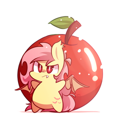 Size: 960x960 | Tagged: safe, artist:php56, fluttershy, bat pony, pony, bats!, g4, apple, chibi, cute, female, flutterbat, race swap, shyabates, shyabetes, simple background, solo, that pony sure does love apples, white background