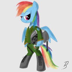 Size: 1000x1000 | Tagged: safe, artist:pandramodo, rainbow dash, pegasus, pony, g4, bipedal, boots, clothes, female, helmet, mare, shoes, signature, simple background, solo, uniform, white background
