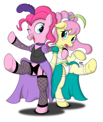 Size: 2947x3493 | Tagged: safe, artist:cubonator, fluttershy, pinkie pie, pony, g4, bipedal, blushing, burlesque, can-can, clothes, dress, female, fishnet stockings, frilly underwear, lesbian, panties, puffy sleeves, saloon dress, saloon pinkie, ship:flutterpie, skirt, standing, standing on one leg, underwear, upskirt, white underwear