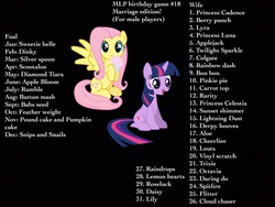 Size: 1024x768 | Tagged: safe, apple bloom, applejack, diamond tiara, fluttershy, pinkie pie, princess cadance, princess celestia, princess luna, rainbow dash, rarity, scootaloo, silver spoon, sweetie belle, twilight sparkle, g4, birthday game, cutie mark crusaders, exploitable meme, mane six, marriage, meme, text