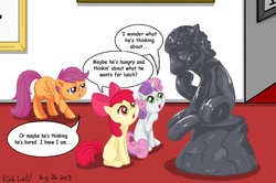 Size: 900x599 | Tagged: dead source, safe, artist:beefcrow, apple bloom, scootaloo, sweetie belle, earth pony, pony, g4, cutie mark crusaders, female, filly, fine art parody, museum, speech bubble, statue, the thinker