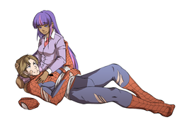 Size: 3850x2975 | Tagged: safe, artist:chorororo, twilight sparkle, human, spiders and magic: rise of spider-mane, g4, bandage, blood, crossover, crossover shipping, dark skin, female, humanized, male, moderate dark skin, peter parker, shipping, spider-man, spidertwi, straight