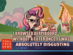 Size: 1593x1206 | Tagged: safe, artist:derkrazykraut, edit, sweetie belle, derpibooru, g4, absolutely disgusting, blurry, image macro, op is a duck, op is trying to start shit