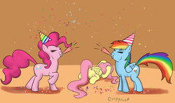 Size: 1200x712 | Tagged: safe, artist:empyu, fluttershy, pinkie pie, rainbow dash, earth pony, pegasus, pony, g4, confetti, hat, noisemaker, party, party hat, party horn, trio