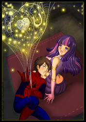 Size: 1024x1448 | Tagged: safe, artist:sugarnhoney, twilight sparkle, human, spiders and magic: rise of spider-mane, g4, :o, amethyst sorceress, blushing, clothes, crossover, crossover shipping, female, gloves, glowing, head on lap, humanized, light skin, male, midriff, on back, open mouth, peter parker, shipping, sitting, smiling, spider web, spider-man, spidertwi, straight, surprised
