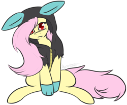 Size: 1024x848 | Tagged: safe, artist:xmystia, fluttershy, bat pony, pony, bats!, g4, bunny ears, clothes, dangerous mission outfit, fangs, female, flutterbat, hoodie, looking at you, mare, race swap, simple background, solo, transparent background