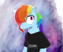 Size: 1516x1248 | Tagged: safe, artist:themightycoolblender, rainbow dash, g4, clothes, dejected, female, solo, t-shirt