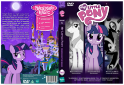 Size: 3287x2256 | Tagged: safe, artist:knighty, nightmare moon, princess celestia, princess luna, twilight sparkle, g4, 2011, canterlot, dvd cover, hasbro logo, hugpony poses, my little pony logo, my little pony: friendship is magic logo