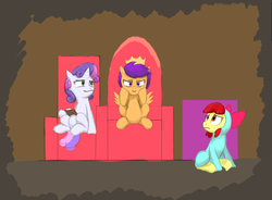 Size: 1200x884 | Tagged: artist needed, safe, apple bloom, scootaloo, sweetie belle, earth pony, pegasus, pony, unicorn, g4, clipboard, crown, cutie mark crusaders, female, filly, outfit, sitting, throne