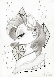 Size: 899x1280 | Tagged: safe, artist:drake, rarity, g4, female, gem, monochrome, necklace, smiling, solo, traditional art