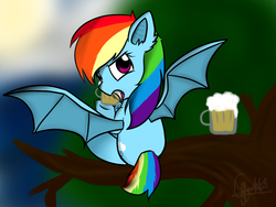 Size: 1400x1050 | Tagged: safe, artist:xxbronyx, rainbow dash, bat pony, pony, bats!, g4, my little pony: friendship is magic, bat ponified, cider, cider dash, female, race swap, rainbowbat, solo, tree