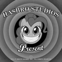 Size: 900x900 | Tagged: safe, pinkie pie, smile hd, g4, black and white, face, faic, female, film grain, grayscale, looney tunes, monochrome, old, old timey, opening, pi, retro, smiling, solo, title card, vintage