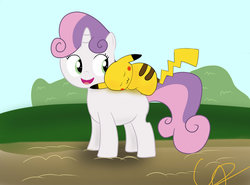 Size: 1280x946 | Tagged: safe, artist:cipherpie, sweetie belle, pikachu, pony, unicorn, g4, female, filly, foal, sleeping