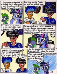 Size: 786x1016 | Tagged: safe, artist:newyorkx3, flash sentry, princess luna, spike, twilight sparkle, oc, oc:tommy, alicorn, dragon, human, pony, comic:twilight and the big city, g4, comic, female, male, mare, non-mlp oc, self insert, traditional art, twilight sparkle (alicorn)