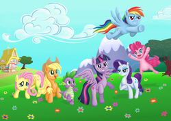 Size: 4961x3508 | Tagged: safe, artist:harryhandinata, applejack, fluttershy, pinkie pie, rainbow dash, rarity, spike, twilight sparkle, alicorn, pony, g4, female, mane seven, mane six, mare, twilight sparkle (alicorn)