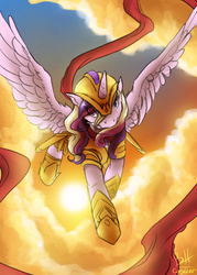 Size: 1000x1400 | Tagged: safe, artist:conicer, princess cadance, g4, armor, badass, clothes, fanfic, female, flying, scarf, solo, sun, warrior cadance