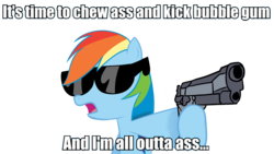 Size: 1920x1080 | Tagged: safe, rainbow dash, g4, duke nukem, female, gun, image macro, solo, sunglasses