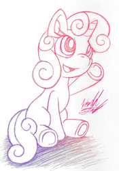 Size: 698x1000 | Tagged: safe, artist:fuzon-s, sweetie belle, g4, female, gradient lineart, looking up, sitting, sketch, smiling, solo, traditional art, underhoof