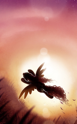 Size: 701x1123 | Tagged: safe, artist:shadowwolf, oc, oc only, backlighting, earth angel, flying, lens flare, silhouette, solo