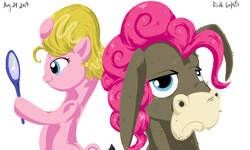 Size: 1080x648 | Tagged: safe, artist:beefcrow, cranky doodle donkey, pinkie pie, donkey, earth pony, pony, g4, alternate hairstyle, duo, simple background, white background