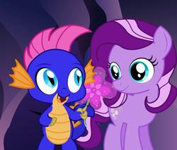 Size: 928x789 | Tagged: safe, artist:itoruna-the-platypus, master kenbroath gilspotten heathspike, wysteria, dragon, earth pony, pony, g3, the princess promenade, blue eyes, cave, fangs, flower, g3 to g4, generation leap, looking at each other, open mouth, princess wysteria, scene interpretation, smiling, two toned mane, two toned tail, vector, younger