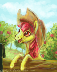 Size: 900x1125 | Tagged: safe, artist:gloriaus, apple bloom, g4, apple, female, fence, hat, hoers, realistic, solo