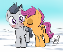 Size: 700x579 | Tagged: safe, artist:pia-sama, rumble, scootaloo, pegasus, pony, g4, blushing, cheek kiss, colt, duo, female, filly, foal, kissing, male, ship:rumbloo, shipping, straight