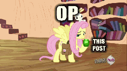Size: 600x338 | Tagged: safe, edit, edited screencap, screencap, angel bunny, fluttershy, owlowiscious, spike, g4, just for sidekicks, animated, book, drama, gem, golden oaks library, hub logo, hubble, lol, measuring cup, metaphor gif, op, op is fluttershy, reaction image, saddle bag, stairs, symbolism, text, the hub