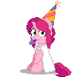 Size: 384x404 | Tagged: safe, artist:mrponiator, oc, oc only, oc:marker pony, animated, hat, party hat, party horn, pixel art, simple background, solo, transparent background