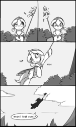 Size: 700x1157 | Tagged: safe, artist:theparagon, trixie, bird, ask trixie, g4, comic, flying, hat, monochrome, santa hat