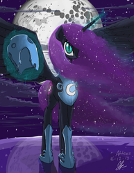 Size: 640x828 | Tagged: safe, artist:atteez, nightmare moon, alicorn, pony, g4, female, helmet, moon, night, solo, stars