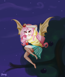 Size: 1275x1500 | Tagged: safe, artist:cosmicponye, fluttershy, bat pony, human, vampire, bats!, g4, anklet, apple, barefoot, clothes, fangs, feet, female, flutterbat, flying, humanized, legs, light skin, night, open mouth, pink hair, race swap, red eyes, ripping clothes, scratches, skirt, solo, spotlight, sweater, winged humanization