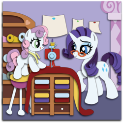 Size: 898x897 | Tagged: safe, artist:paperpony, rarity, sweetie belle, g4, carousel boutique, fabric, glasses, measuring tape, sewing machine