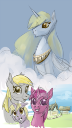 Size: 600x1066 | Tagged: safe, artist:archonix, amethyst star, derpy hooves, dinky hooves, sparkler, alicorn, pony, g4, alicornified, cloud, cloudy, derpicorn, race swap