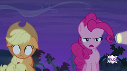 Size: 1280x720 | Tagged: safe, screencap, applejack, pinkie pie, pony, bats!, g4, about to faint, animation error, derp, eyes, faic, flashlight (object), floppy ears, glitch, open mouth, prehensile mane, serious face, silly, silly pony, who's a silly pony
