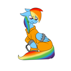 Size: 1024x1024 | Tagged: safe, artist:dj-xol, rainbow dash, g4, bound wings, clothes, female, prison outfit, prisoner rd, sad, shackles, solo